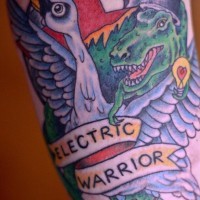 Tattoo of goose, crocodile and inscription electric warrior