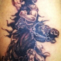 Angry warrior with axe on black horse tattoo