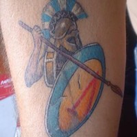 Colored warrior tattoo with circle shield and spear