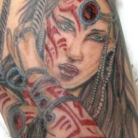 Warrior tattoo of girl with red signs on body