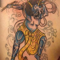 Warrior tattoo with fat blue demon