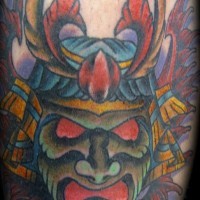 Colored japanese warrior mask tattoo