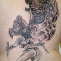 Female warrior fighting with horned monster on tattoo