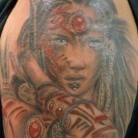 Beautiful girl warrior with red tribal signs tattoo