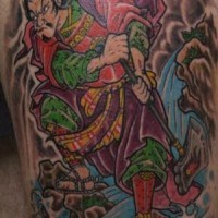 Colorful tattoo of warrior with big axe