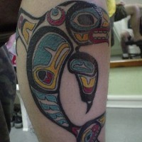 Colored leg tattoo with whale in cool style