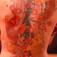 Tattoo with goldfishes and characters on whole back