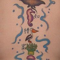 Tattoo with many water animals on whole back