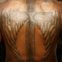 Winged cross tattoo on back