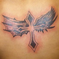 Winged cross tattoo with bat & angel wings