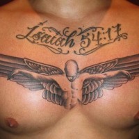 Winged man chest tattoo