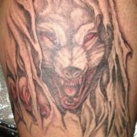 Angry wolf tearing skin tattoo