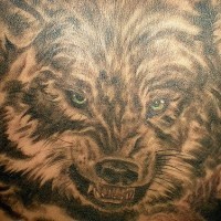 Irate wolf showing teeth on tattoo