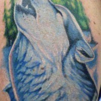 Beautiful blue wolf howling in the wood tattoo