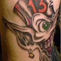 Strange animated wolf tattoo with number 13 on hat