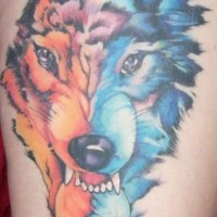 Orange und blaue Wolfskopf Tattoo
