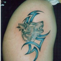 Loup hurlant le tatouage bleu en style tribal