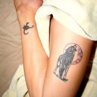Cercle avec le tatouage d'un loup hurlant sur la jambe