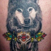 Nice wolf tattoo with feathers and colored decor