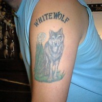 Wolf tattoo with white wolf inscription