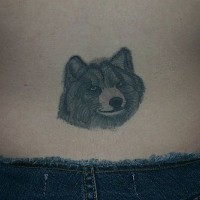 Ein Wolfskopf Tattoo am unteren Rücken