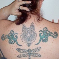 Big tattoo on back with wolf head, blue signs and dragonfly