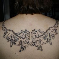 Interesting back tattoo with two wolves and signs