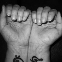 Große Musiknoten auf Tattoo an beiden Handgelenken