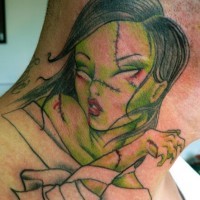 Zombie girl tattoo on neck