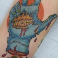 Blue zombie hand tattoo