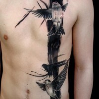 Tatuaje en el pecho y el abdomen, línea negra, dos aves