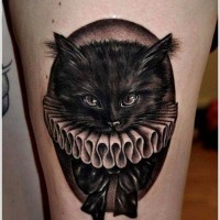 Black cat with classic bow portrait tattoo