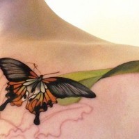 Tatuaje en el hombro, mariposa realista con hoja