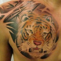 Realistic tiger in bamboo forest tattoo on chest