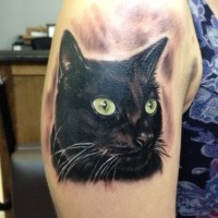 Tatuaje en el brazo, gato negro con ojos verdes