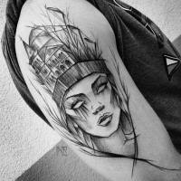 Tattoo sketch painted in surrealism style by Inez Janiak of woman with house shaped hat