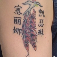 Tatuaje en el brazo,
plumas rojas, ave, jeroglíficos