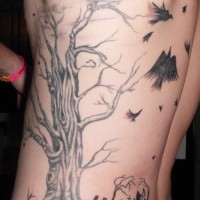 Tatuaggio grande sulla schiena l'albero senza le foglie& gli uccelli