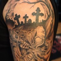 Terrifying black and white dark cemetery tattoo on shoulder with monster ghost