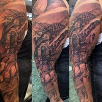 Terrifying black and white sleeve tattoo of big old cemetery