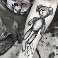 Terrifying black ink tattoo by Inez Janiak sketch of bear with lettering