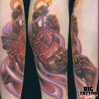 Terrifying colored bloody human with brain tattoo on leg