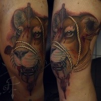 Terrifying colored hand tattoo of bloody lion with arrow and rope