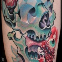 Terrifying colored human skull with bloody eye and brains tattoo