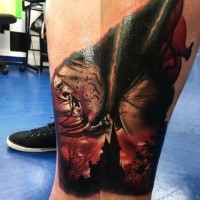 Terrifying colored leg tattoo of bloody woman vampire with dark city