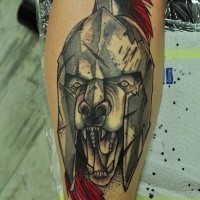 Terrifying colored leg tattoo of evil dog with Spartan helmet