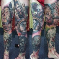 Terrifying multicolored leg tattoo of various horror movies monsters