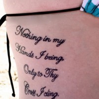 Text tattoo on ribs, nothing in hands I bring, cross Icling
