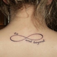 Thin black ink infinity symbol upper back tattoo with lettering