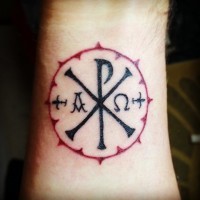 Thin dark black religious special Chi Rho symbol Christ monogram in red circle wrist tattoo
